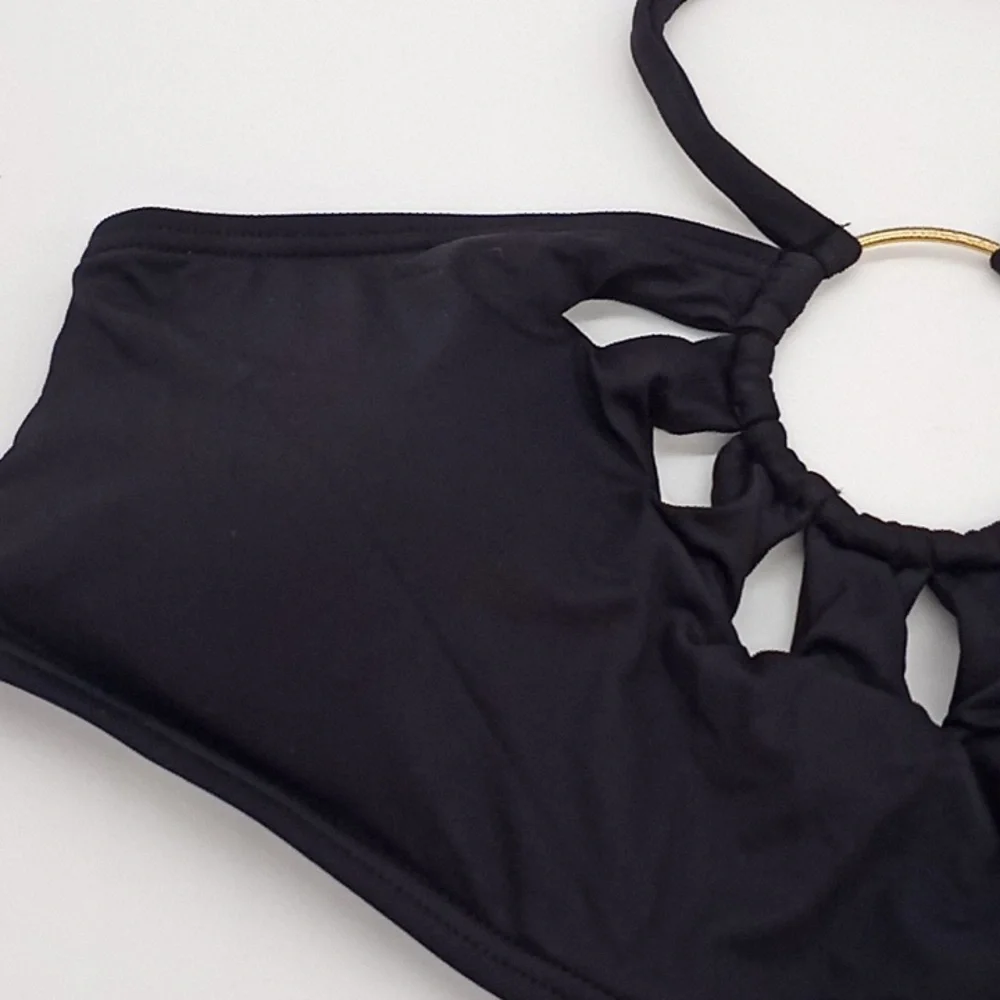 Vince Camuto Serengeti‎ Logo-Ring Cutout Halter Bikini Swim Top Black M